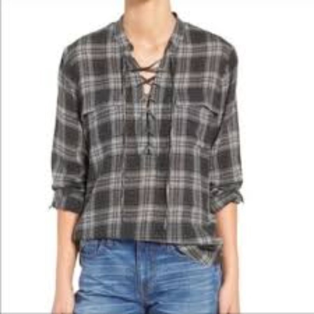 ✅ Madewell Women's Grey and Black Blouse SIZE XXS